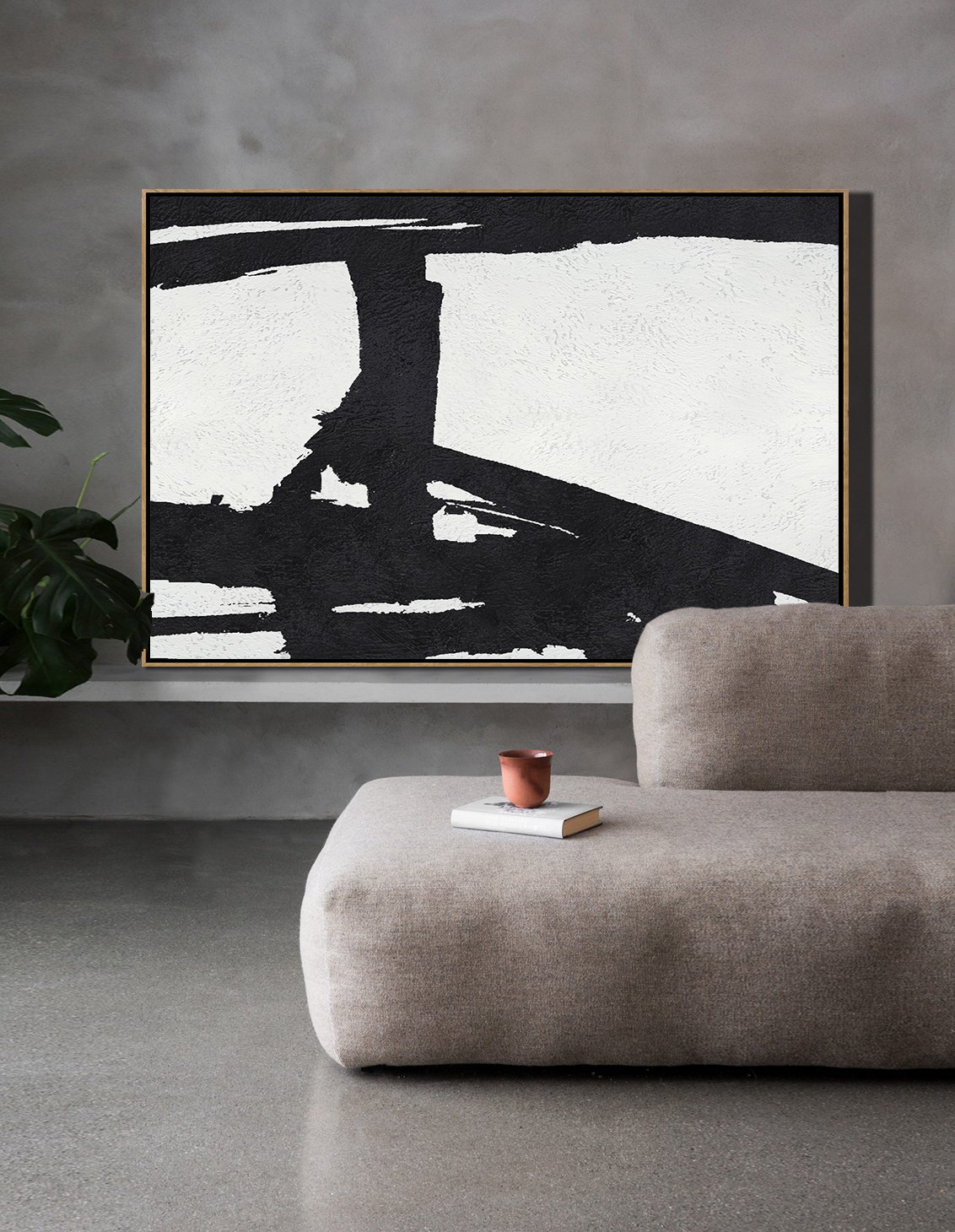 Canvas Artwork For Living Room,Hand Painted Oversized Horizontal Minimal Art On Canvas, Black And White Minimalist Painting - Hand Painted Acrylic Painting